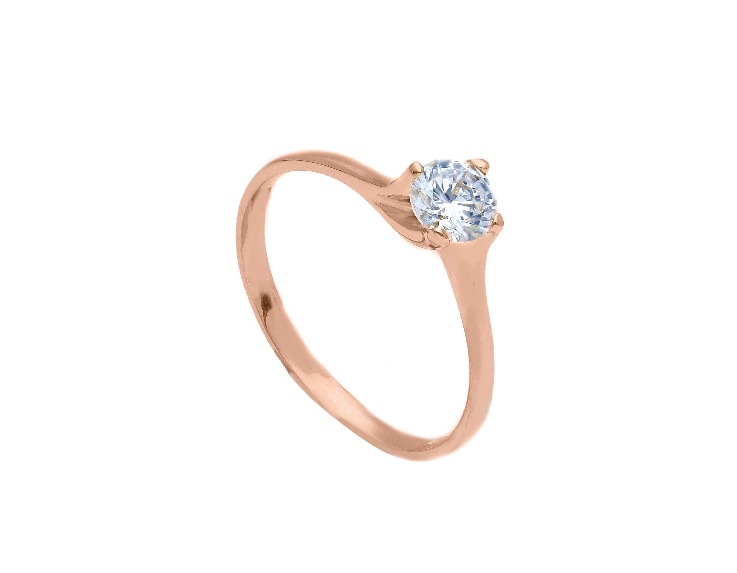 Single stone k14 rose gold ring with zirkon on four teeth bezel (S253269)